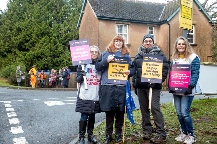 Striking nurses on the picket line at the Dilke Hospital in Cinderford