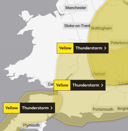 Yellow warning issued for thunderstorms today