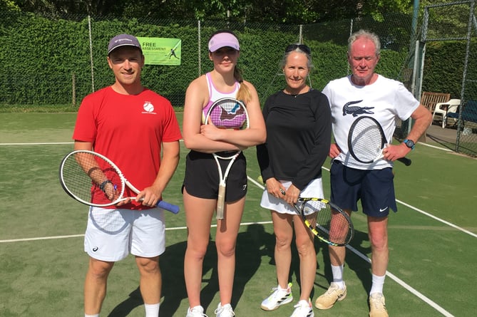 The mixed finalists at the Penallt doubles Sean Jones, Emily Blair, Lizelle de Jager, and John Howells. Photo: Penallt & District Tennis Club 