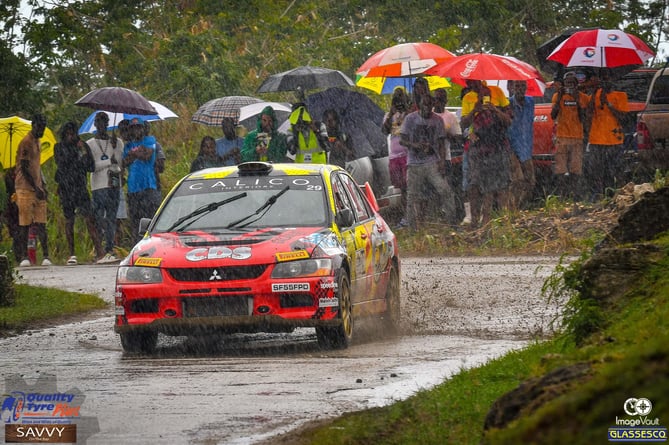 Nik Elsmore and Pauline Nash race through a tropical downpour in the CIBC Rally Barbados