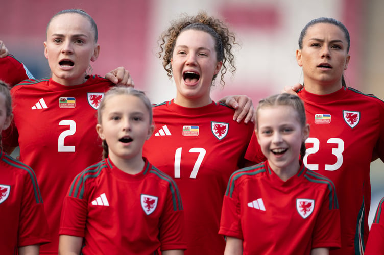 LLANELLI, WALES - 31 MAY 2024: Wales' Lily Woodham, Wales' Mary McAteer and Wales' Ffion Morgan during the UEFA Womens Euro 2025 qualifier League B match between Wales Women and Ukraine Women at Parc y Scarlets in Llanelli on the 31st of May 2024. (Pic by Ashley Crowden/FAW)