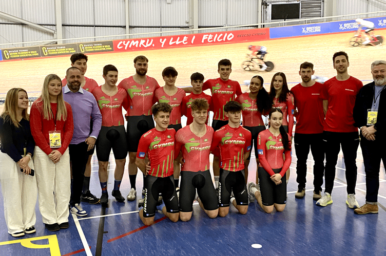 Ioan Hepburn, kneeling second from left, with the Wales track team